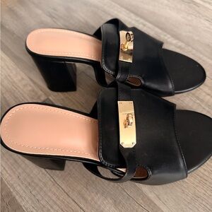 Black Leather Block Heel Slide Sandals with Gold Accent